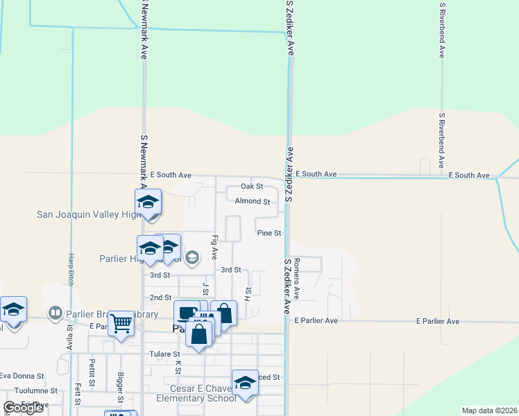 map of restaurants, bars, coffee shops, grocery stores, and more near 501 Almond Street in Parlier
