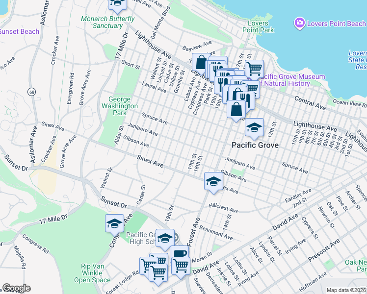 map of restaurants, bars, coffee shops, grocery stores, and more near 518 Congress Avenue in Pacific Grove