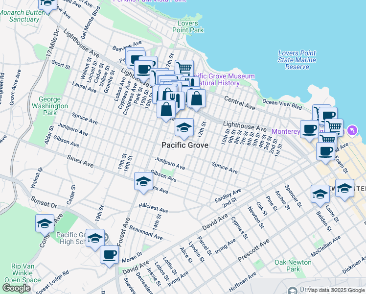 map of restaurants, bars, coffee shops, grocery stores, and more near 485 Pine Avenue in Pacific Grove