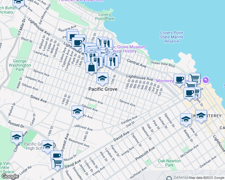 map of restaurants, bars, coffee shops, grocery stores, and more near 441 Pine Avenue in Pacific Grove