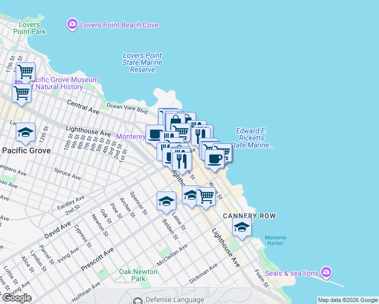 map of restaurants, bars, coffee shops, grocery stores, and more near 100 Ocean View Boulevard in Pacific Grove