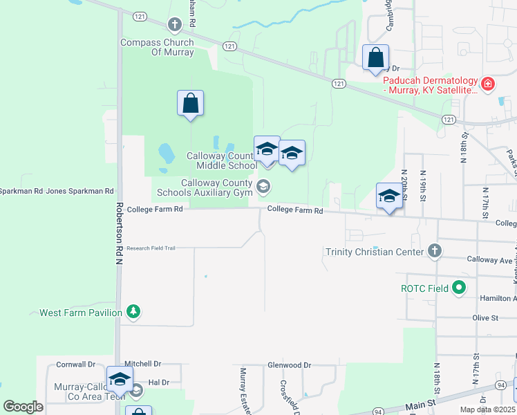 map of restaurants, bars, coffee shops, grocery stores, and more near 2108 College Farm Road in Murray