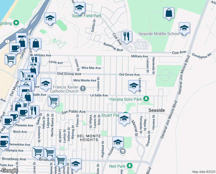 map of restaurants, bars, coffee shops, grocery stores, and more near 1949 Mendocino Street in Seaside