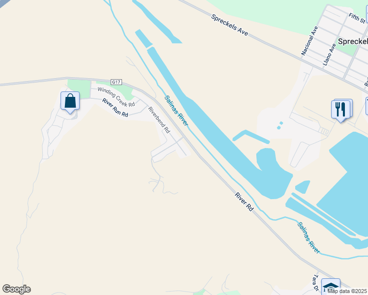 map of restaurants, bars, coffee shops, grocery stores, and more near 17803 Riverbend Road in Salinas