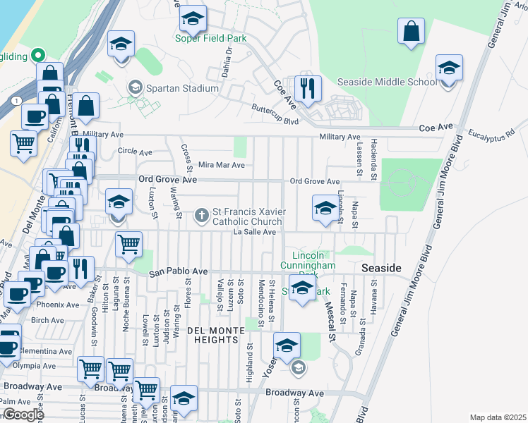 map of restaurants, bars, coffee shops, grocery stores, and more near 1949 Mendocino Street in Seaside