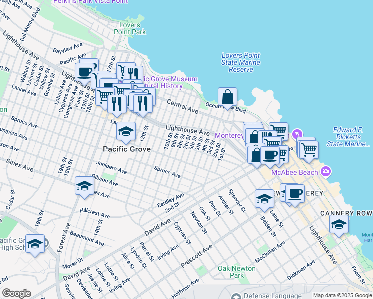 map of restaurants, bars, coffee shops, grocery stores, and more near 301 7th Street in Pacific Grove