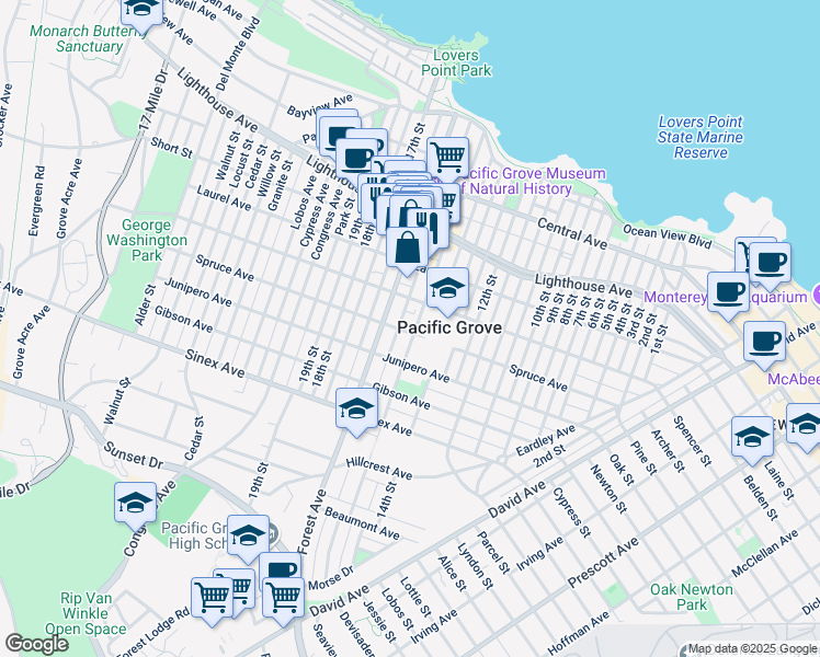 map of restaurants, bars, coffee shops, grocery stores, and more near 540 Spruce Avenue in Pacific Grove