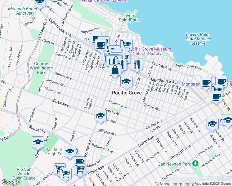 map of restaurants, bars, coffee shops, grocery stores, and more near 540 Spruce Avenue in Pacific Grove
