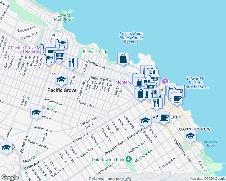 map of restaurants, bars, coffee shops, grocery stores, and more near 225 3rd Street in Pacific Grove