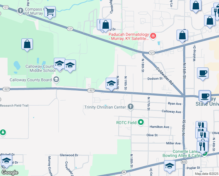 map of restaurants, bars, coffee shops, grocery stores, and more near 802 North 20th Street in Murray