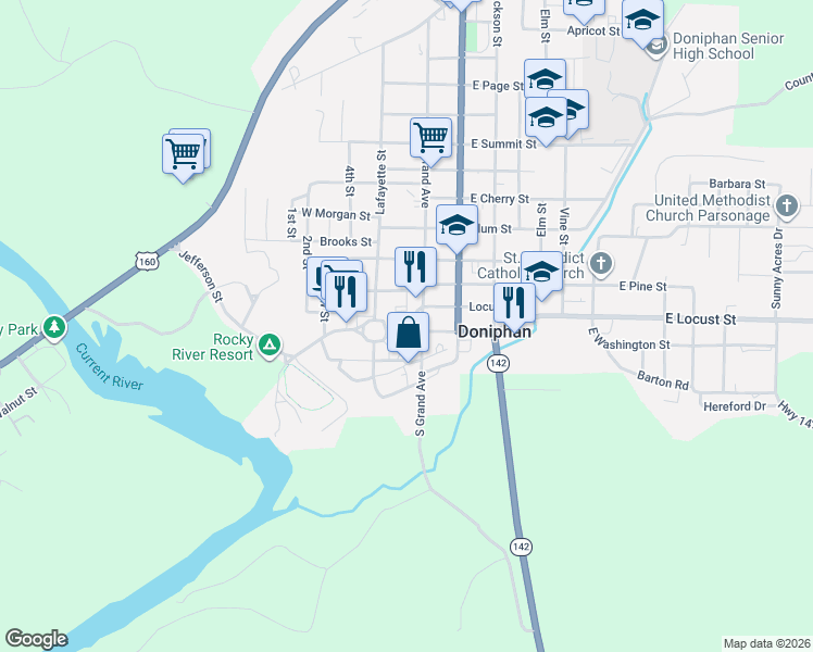 map of restaurants, bars, coffee shops, grocery stores, and more near 124 Washington Street in Doniphan