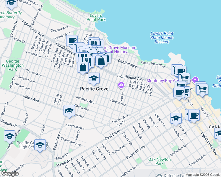 map of restaurants, bars, coffee shops, grocery stores, and more near 310 Monterey Avenue in Pacific Grove