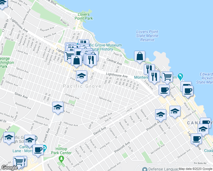 map of restaurants, bars, coffee shops, grocery stores, and more near 310 9th Street in Pacific Grove
