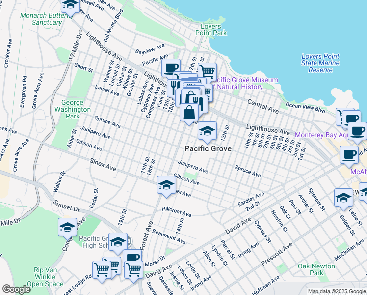 map of restaurants, bars, coffee shops, grocery stores, and more near 550 Spruce Avenue in Pacific Grove