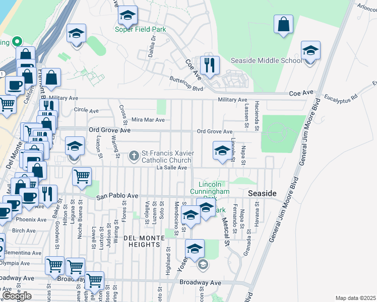 map of restaurants, bars, coffee shops, grocery stores, and more near 1955 Yosemite Street in Seaside