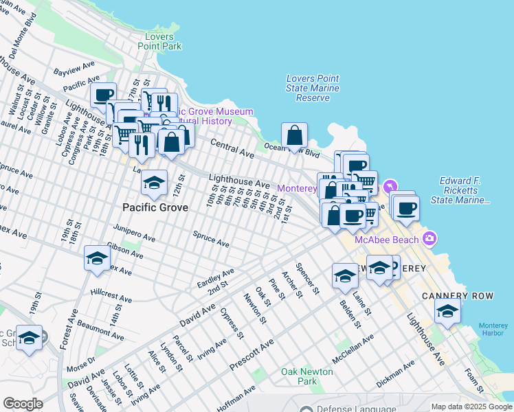 map of restaurants, bars, coffee shops, grocery stores, and more near 228 6th Street in Pacific Grove