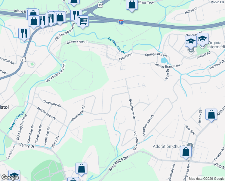 map of restaurants, bars, coffee shops, grocery stores, and more near 284 Bellehaven Drive in Bristol