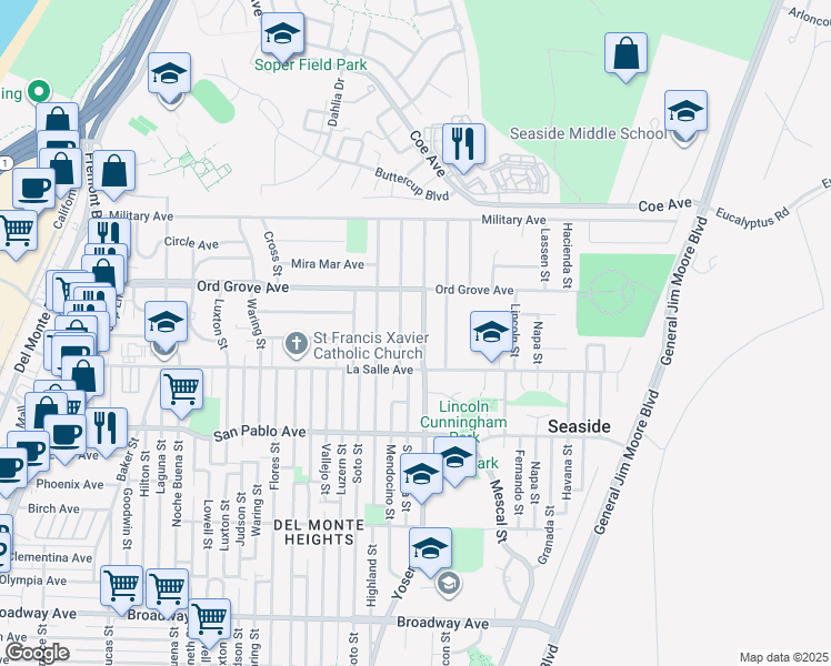 map of restaurants, bars, coffee shops, grocery stores, and more near 1955 Yosemite Street in Seaside
