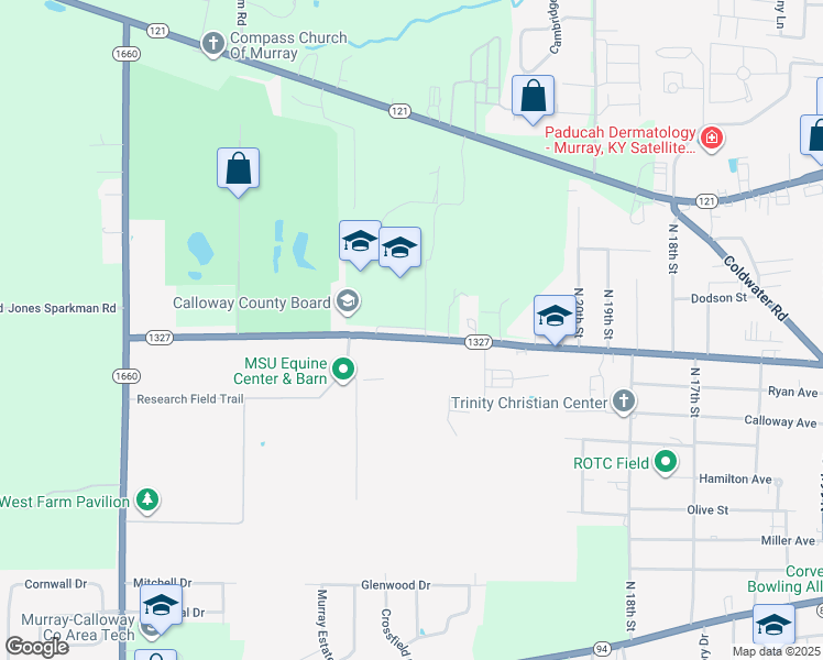 map of restaurants, bars, coffee shops, grocery stores, and more near 2106 College Farm Road in Murray