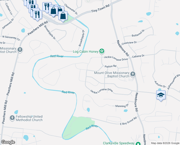 map of restaurants, bars, coffee shops, grocery stores, and more near 1944 Jackie Lorraine Drive in Clarksville