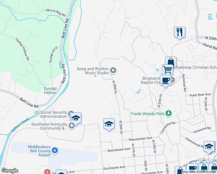 map of restaurants, bars, coffee shops, grocery stores, and more near 105 Kingsbury Woods in Middlesboro