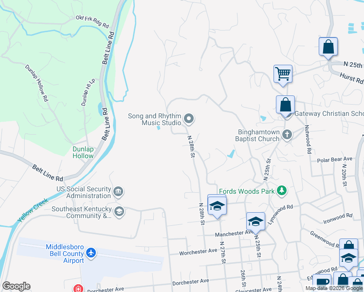 map of restaurants, bars, coffee shops, grocery stores, and more near 105 Kingsbury Woods in Middlesboro