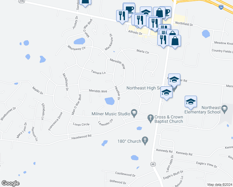 map of restaurants, bars, coffee shops, grocery stores, and more near 3730 Heather Drive in Clarksville