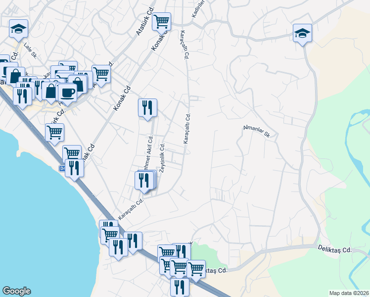 map of restaurants, bars, coffee shops, grocery stores, and more near No28 Zeytinlik Caddesi in Alanya