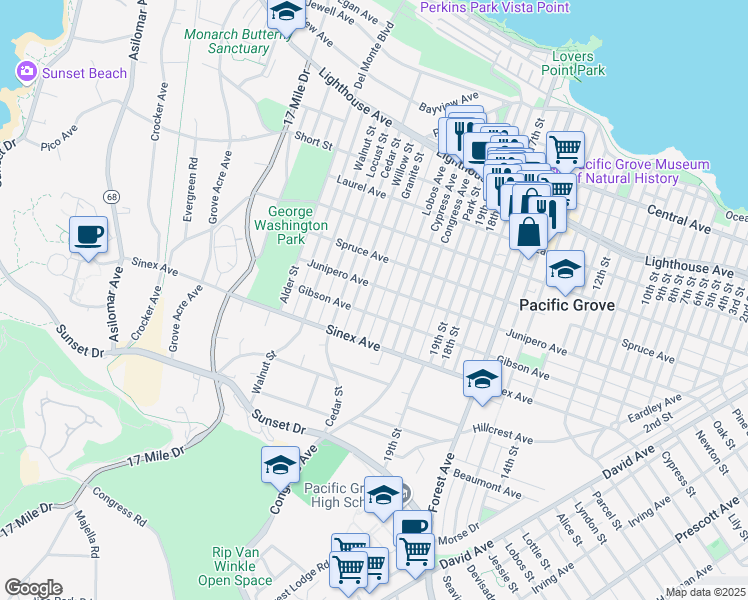 map of restaurants, bars, coffee shops, grocery stores, and more near 611 Granite Street in Pacific Grove