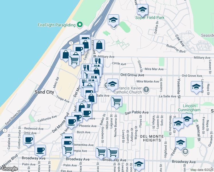 map of restaurants, bars, coffee shops, grocery stores, and more near 1283 Playa Avenue in Seaside