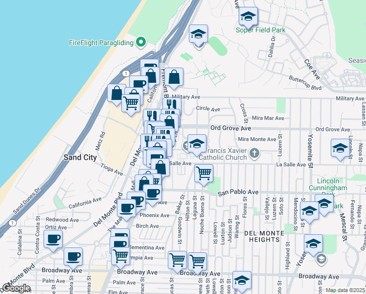map of restaurants, bars, coffee shops, grocery stores, and more near 1283 Playa Avenue in Seaside