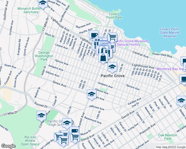 map of restaurants, bars, coffee shops, grocery stores, and more near 603 Spruce Avenue in Pacific Grove