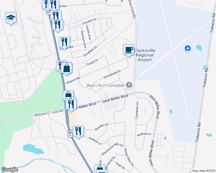 map of restaurants, bars, coffee shops, grocery stores, and more near 112 King Cole Drive in Clarksville