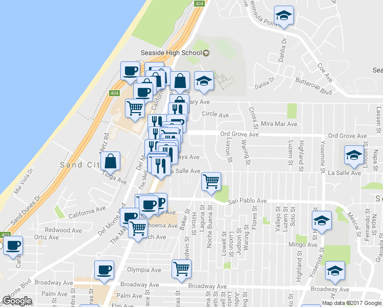 map of restaurants, bars, coffee shops, grocery stores, and more near 1277 Playa Avenue in Seaside