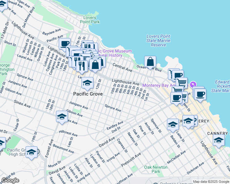 map of restaurants, bars, coffee shops, grocery stores, and more near 306 9th Street in Pacific Grove