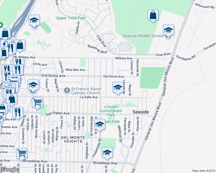 map of restaurants, bars, coffee shops, grocery stores, and more near 1962 Mariposa Street in Seaside