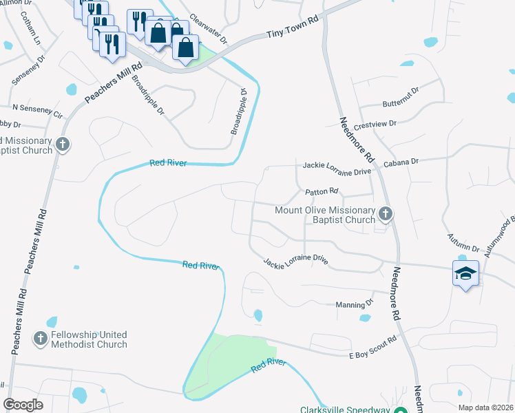 map of restaurants, bars, coffee shops, grocery stores, and more near 1944 Jackie Lorraine Drive in Clarksville