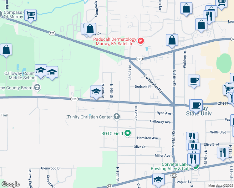 map of restaurants, bars, coffee shops, grocery stores, and more near 807 Sha-Wa Court in Murray