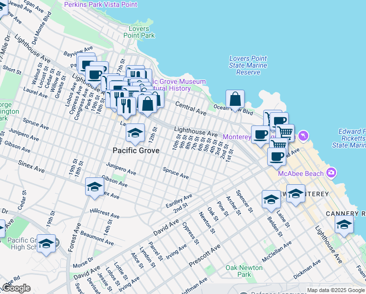 map of restaurants, bars, coffee shops, grocery stores, and more near 351 Laurel Ave in Pacific Grove