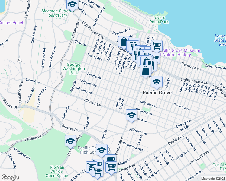map of restaurants, bars, coffee shops, grocery stores, and more near 518 Congress Avenue in Pacific Grove