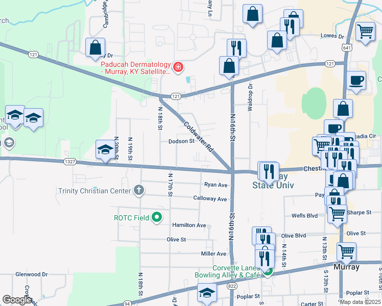 map of restaurants, bars, coffee shops, grocery stores, and more near 809 Coldwater Road in Murray