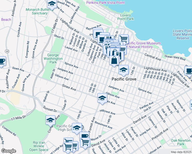map of restaurants, bars, coffee shops, grocery stores, and more near 507 19th Street in Pacific Grove