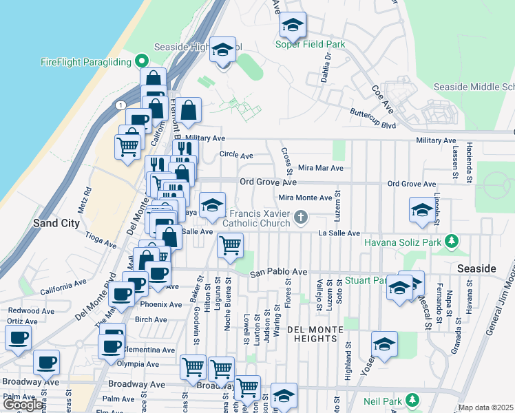 map of restaurants, bars, coffee shops, grocery stores, and more near 1964A Luxton Street in Seaside