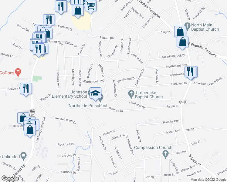 map of restaurants, bars, coffee shops, grocery stores, and more near 224 Briarwood Drive in Danville