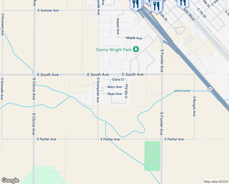 map of restaurants, bars, coffee shops, grocery stores, and more near 1108 Ryan Avenue in Fowler