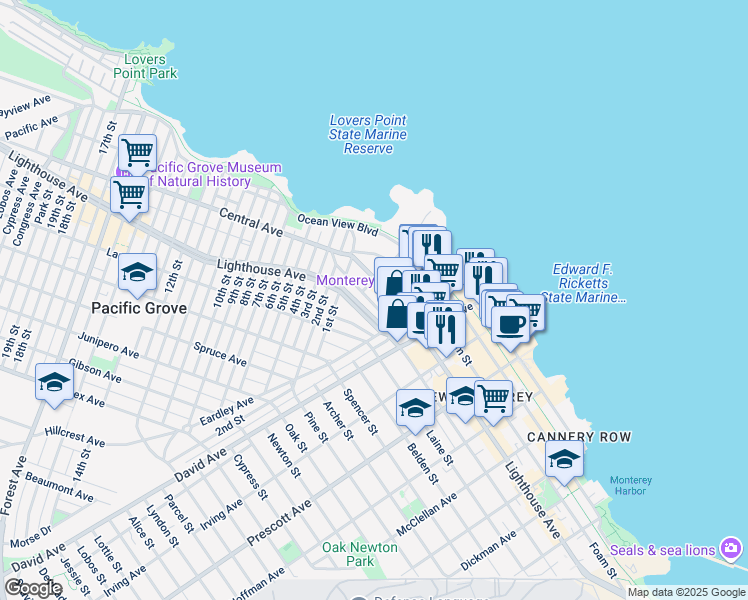 map of restaurants, bars, coffee shops, grocery stores, and more near 160 Evans Avenue in Pacific Grove
