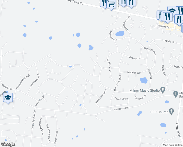 map of restaurants, bars, coffee shops, grocery stores, and more near 3807 Maliki Drive in Clarksville