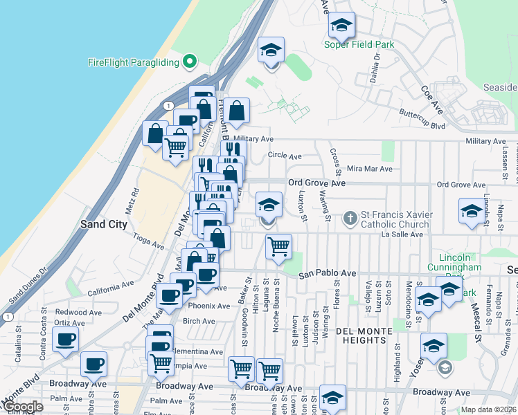 map of restaurants, bars, coffee shops, grocery stores, and more near 1287 Playa Avenue in Seaside