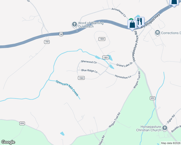 map of restaurants, bars, coffee shops, grocery stores, and more near 103 Blue Ridge Ln in Ridgeway
