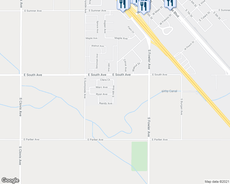 map of restaurants, bars, coffee shops, grocery stores, and more near 919 Hill Avenue in Fowler